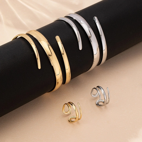 Gioielli Minimalisti A Spirale Goccia D'acqua Bracciale E Anello In Ferro Placcato Regolabili Per Donna Accessorio Moda