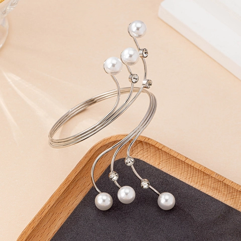 Elegant Multilayer Spiral Cuff Bracelet For Women Alloy Faux Artificial Pearl Rhinestone Irregular Geometric Open Arm Band Jewelry