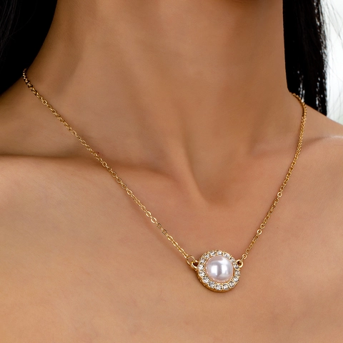 Collar Con Colgante Elegante Bañado En Oro Aleación Perla Artificial De Imitación Estrás Circular Joyería Para Mujer