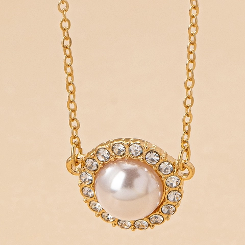 Collar Con Colgante Elegante Bañado En Oro Aleación Perla Artificial De Imitación Estrás Circular Joyería Para Mujer