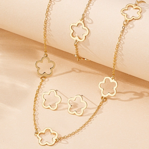 Collana Bracciale E Orecchini A Lobo Con Quadrifoglio A Cinque Foglie Traforato Placcato Oro Gioielli Di Moda Per Donna
