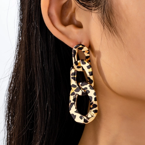 Leopard Print Chain Link Drop Earrings Alloy Retro Nested Oval Long Statement Jewelry For Women