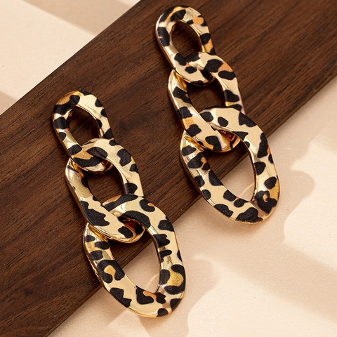Leopard Print Chain Link Drop Earrings Alloy Retro Nested Oval Long Statement Jewelry For Women