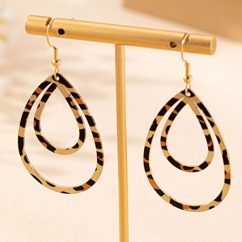 Alloy Faux Leer Luipaardprint Dubbellaags Druppel Oorbellen Retro Mode Sieraden Voor Vrouwen