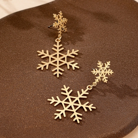 Snowflake Dangle Earrings Gold Alloy Hollow Out Double Layered Women Winter Christmas Holiday Elegant Accessory
