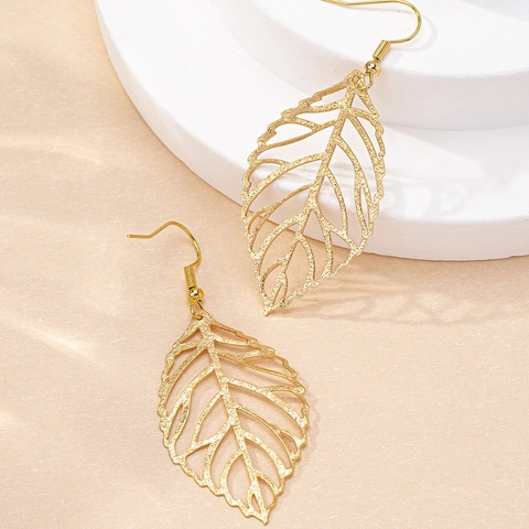 Hollow Leaf Drop Earrings Matte Gold Alloy Textured Elegant Jewelry For Women