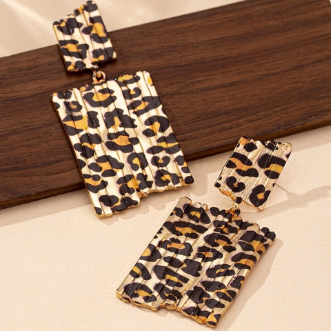 Leopard Print Geometric Drop Earrings Zinc Alloy Textured Irregular Rectangular Statement Dangle For Women Retro Elegant