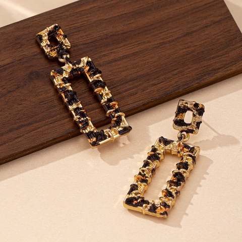 Orecchini Pendenti Geometrici Retro Quadrati Lega Di Zinco Nero Intrecciato Oro Eleganti Gioielli Vintage Per Donne