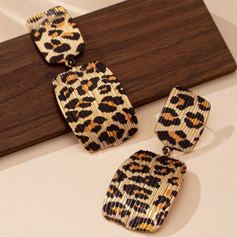 Leopard Muster Geometrische Quadratische Ohrhänger Retro Zinklegierung Doppellagig Hängeschmuck Für Frauen Elegant