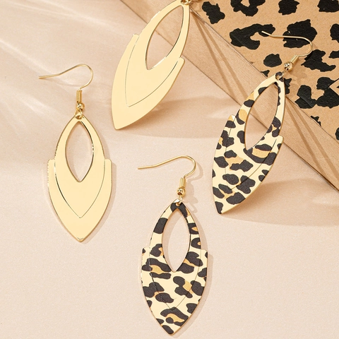 Leopard Print Geometric Hollow Teardrop Dangle Earrings For Women Alloy Gold Tone Vintage Fashion Accessory