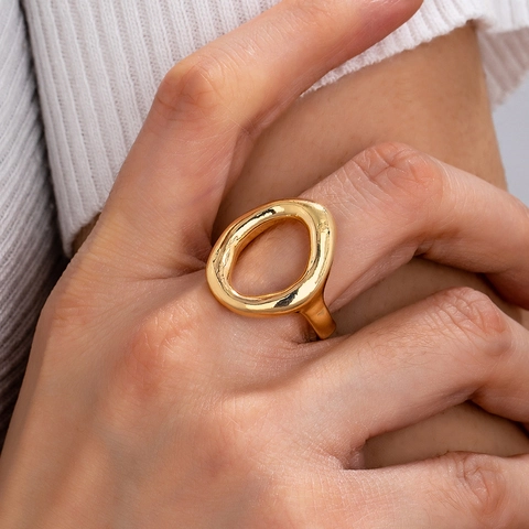 Hollow Geometric Oval Ring Alloy Irregular Lava Texture Minimalist Elegant Fashion Jewelry Accessory For Women