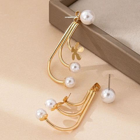 Elegant Flower Artificial Pearl Drop Earrings Gold Tone Alloy Multi Layer Curved Floral Dangle For Women French Vintage Style