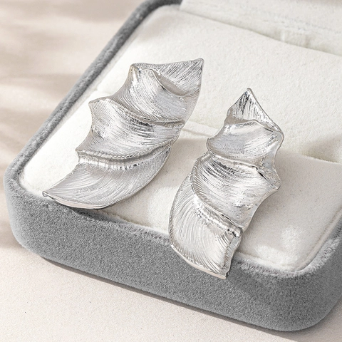 Abstract Leaf Stud Earrings Zinc Alloy Brushed Metal Texture Elegant Irregular Wavy Jewelry For Women Daily Party
