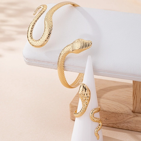Gioielli In Lega Dorata A Forma Di Serpente Bracciale E Anello Accessorio Trama A Scaglie Aperto Regolabile Punk