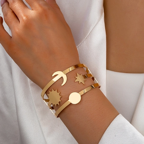 Sun Moon Star Celestial Cuff Bracelet Alloy Hollow Open Bangle Retro Gold Color Jewelry For Women