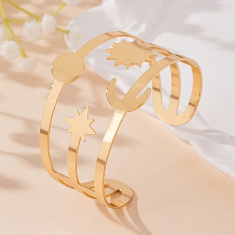 Sun Moon Star Celestial Cuff Bracelet Alloy Hollow Open Bangle Retro Gold Color Jewelry For Women