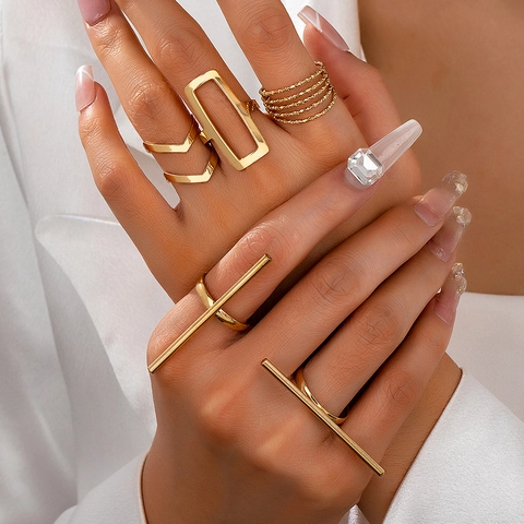 Geometric Rings Alloy Gold Tone Minimalist Hollow Rectangle Double V Shape Multi Layer Trendy Jewelry For Women