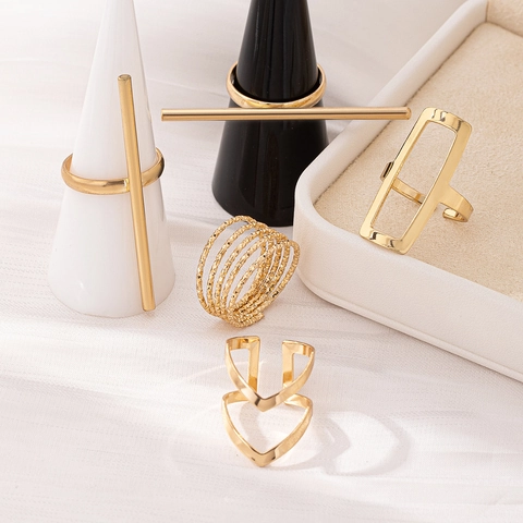 Geometric Rings Alloy Gold Tone Minimalist Hollow Rectangle Double V Shape Multi Layer Trendy Jewelry For Women
