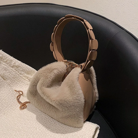 Plush Faux Fur Handbag Unique Petal Handle Chain Strap Crossbody Shoulder Bag Soft Fashionable For Women