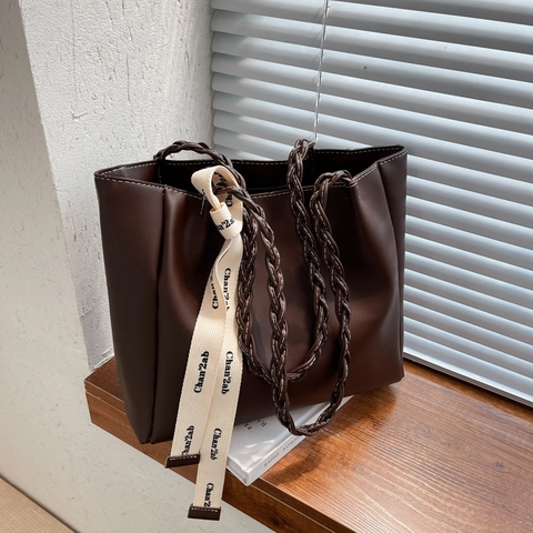 Women Fashion PU Leather Tote Bag With Woven Handle Decorative Ribbon Letter Print Large Capacity Daily Shoulder Bag