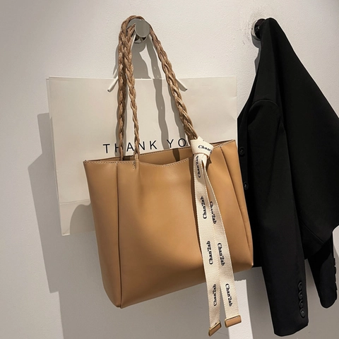 Women Fashion PU Leather Tote Bag With Woven Handle Decorative Ribbon Letter Print Large Capacity Daily Shoulder Bag