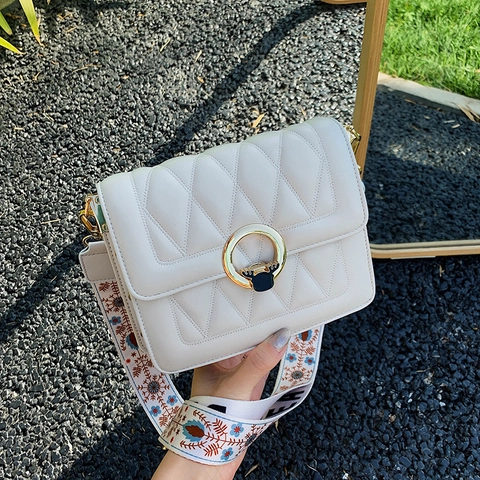 Women Quilted Shoulder Bag PU Leather With Wide Ethnic Print Strap Fashion Small Square Crossbody Handbag