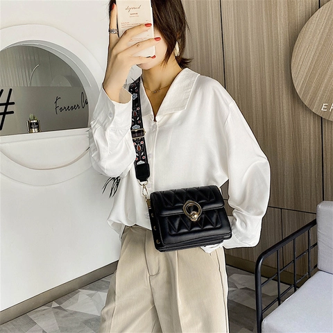 Women Quilted Shoulder Bag PU Leather With Wide Ethnic Print Strap Fashion Small Square Crossbody Handbag