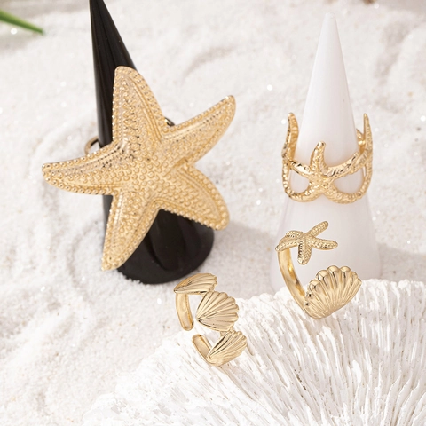 Alloy Starfish Seashell Rings Ocean Theme Beach Vacation Exaggerated Trendy Jewelry For Women Gold Tone