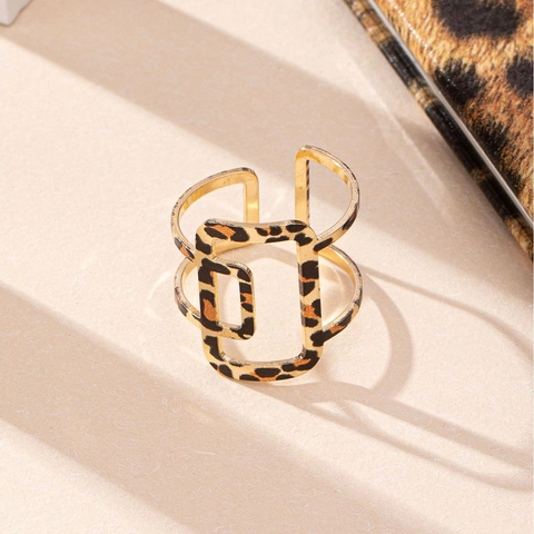 Leopard Print Geometric Open Rings Zinc Alloy Hollow Wave Rectangular Adjustable Hand Jewelry For Women Fashion Individual Style