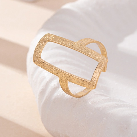 Geometric Rectangle Hollow Out Ring Alloy Adjustable Open Statement Textured Matte Gold Tone Jewelry For Women