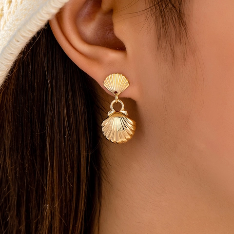 Boucles Oreilles Pendantes Coquillage Femmes Alliage Zinc Doré Pendentif Double Coquille Style Plage Bijoux Élégants