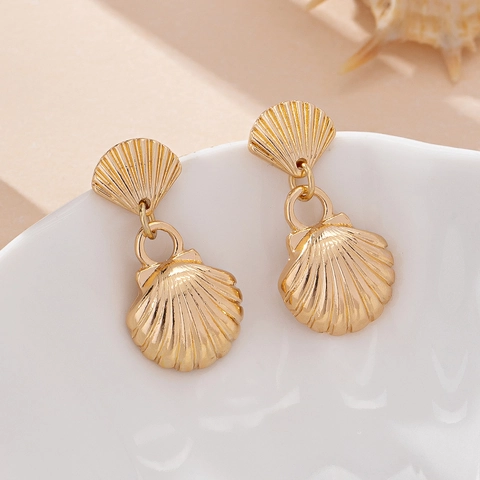 Boucles Oreilles Pendantes Coquillage Femmes Alliage Zinc Doré Pendentif Double Coquille Style Plage Bijoux Élégants