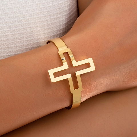 Bracciale A Schiava Croce Svuotata Lega Tono Oro Stile Punk Minimalista Per Donne Gioielli Regolabili