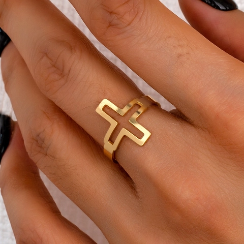 Cross Ring Alloy Gold Plated Hollow Cutout Adjustable Open Design Minimalist Vintage Hip Hop Religious Jewelry Unisex