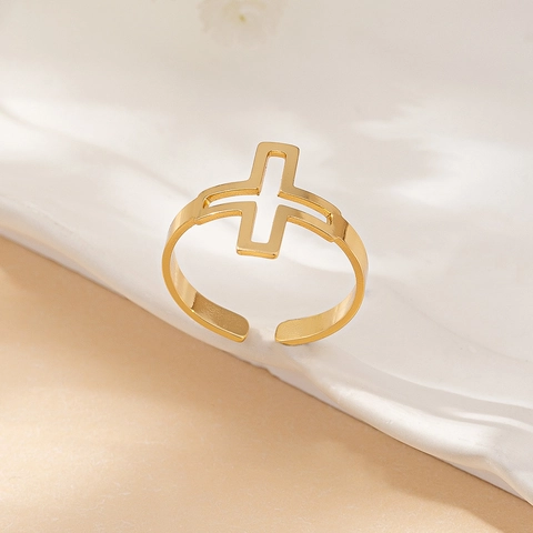 Cross Ring Alloy Gold Plated Hollow Cutout Adjustable Open Design Minimalist Vintage Hip Hop Religious Jewelry Unisex