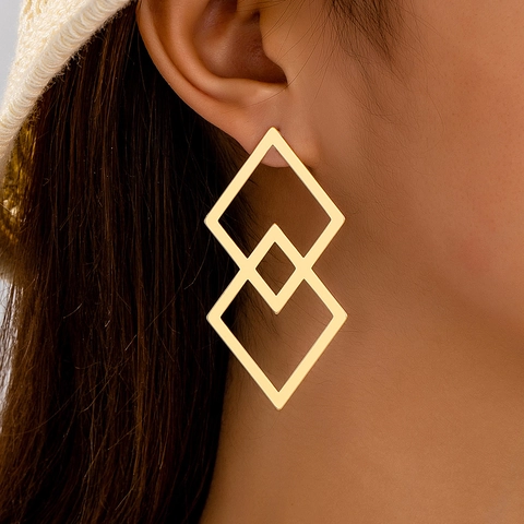 Boucles D'oreilles Pendantes En Alliage Géométrique Losange Creux Entrelacé Vintage Ton Or Bijoux Mode Minimalistes Pour Femmes