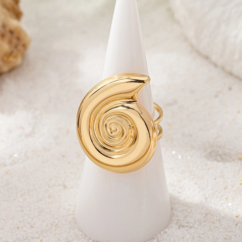 Gold Alloy Spiral Conch Shell Statement Ring Adjustable Open Finger Jewelry For Women Chic Individual Design