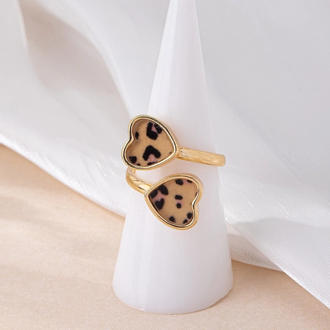 Vintage Ring Aus Legierung Offen Doppel Herzform Leopardenmuster Rote Emaille Glitzer Verstellbar Modeschmuck Für Damen