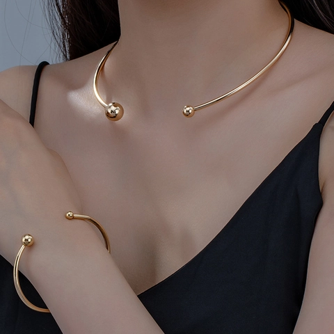 Gioielli Lega Placcato Oro Forma C Aperta Torque Girocollo Collana E Bracciale Per Donne Accessorio Geometrico