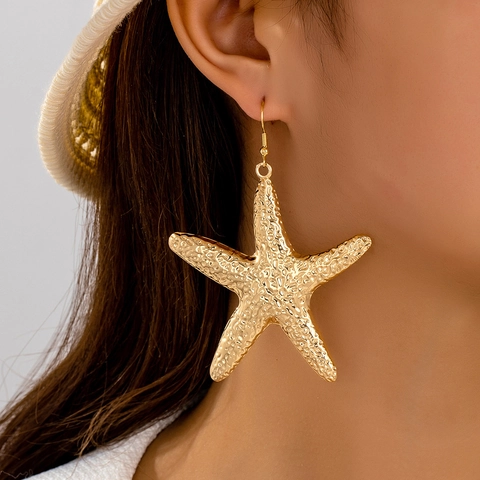 Starfish Dangle Earrings Gold Textured Alloy Exaggerated Marine Style Summer Beach Vacation Jewelry For Women