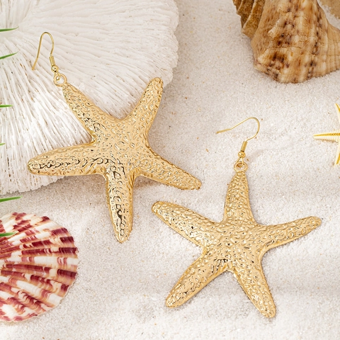 Starfish Dangle Earrings Gold Textured Alloy Exaggerated Marine Style Summer Beach Vacation Jewelry For Women