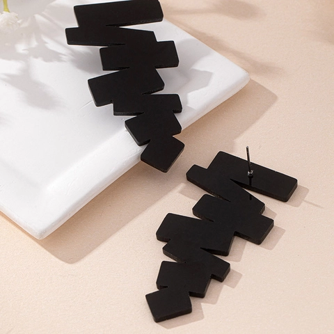 Matte Black Geometric Irregular Staircase Acrylic Drop Earrings With Silver Earring Post Minimalist Statement Jewelry For Women