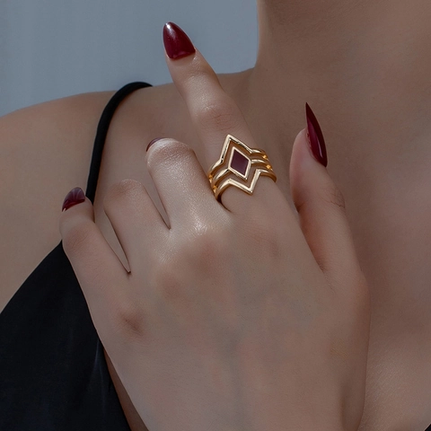Geometric Hollow Alloy Ring With Red Diamond Enamel Retro Multi Layer Fashion Jewelry For Women