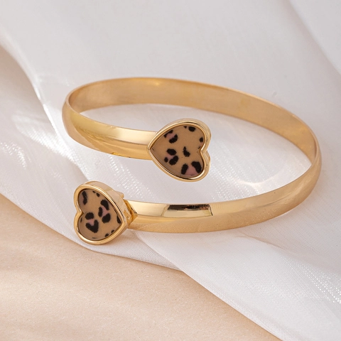 Herz Offener Armreif Legierung Gold Vergoldet Leopard Rot Emaille Pailletten Mode Schmuck Für Frauen