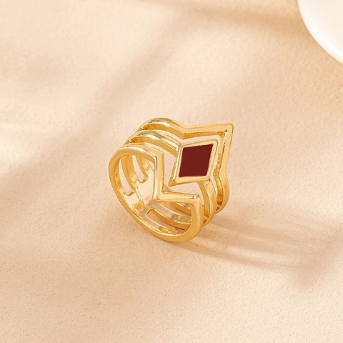 Geometric Hollow Alloy Ring With Red Diamond Enamel Retro Multi Layer Fashion Jewelry For Women
