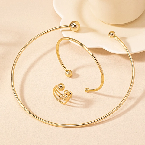 Minimalistische Vergulde Legering Choker Armring En Ring Hoge Textuur Open Cirkel Ronde Kraal Sieraden Voor Vrouwen