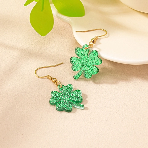 Shamrock Four Leaf Clover Drop Earrings Green Glitter Resin Alloy Lucky Jewelry St Patricks Day Accessory For Women