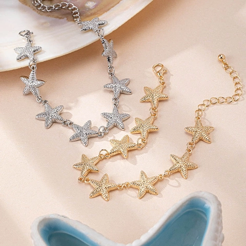 Starfish Bracelet Zinc Alloy Textured Sea Star Link Hand Chain Adjustable Ocean Beach Jewelry For Women