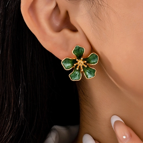 Orecchini A Lobo Fiore Vintage Lega Zinco Smalto Verde Floreale Retro Elegante Gioielli Accessorio Per Donne