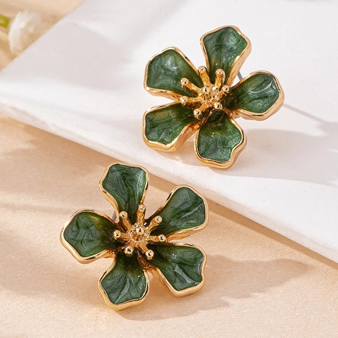 Orecchini A Lobo Fiore Vintage Lega Zinco Smalto Verde Floreale Retro Elegante Gioielli Accessorio Per Donne